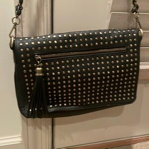 Great black purse with removable strap and brushed gold studding